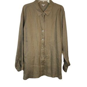 J. Jill 100% Linen Long Sleeve Collared Blouse Women's Size 2XL Brown Relaxd Fit